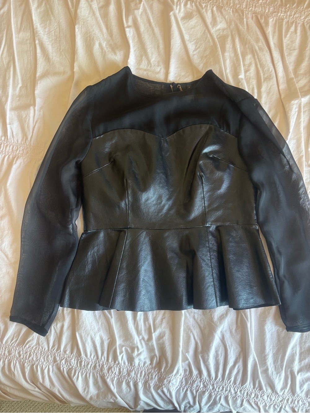 IMAN Black Faux Leather Peplum Top with Sheer Sleeves